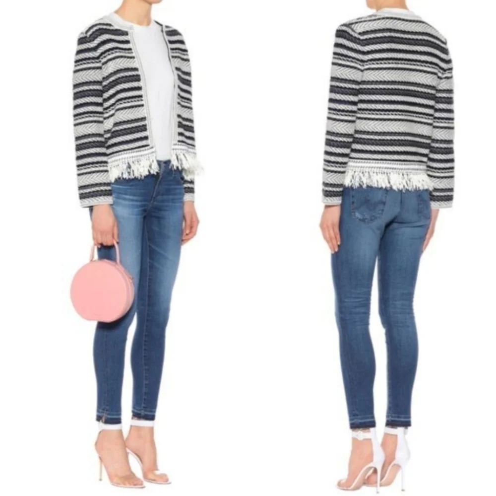 Tory Burch Navy & Cream Payton Fringe Cardigan Sweater M
